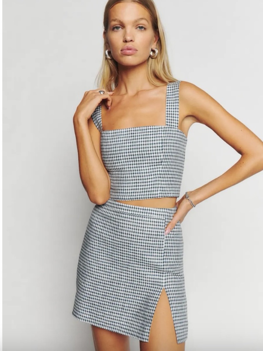 Reformation Baker Linen Skirt Slate Check - Size 8